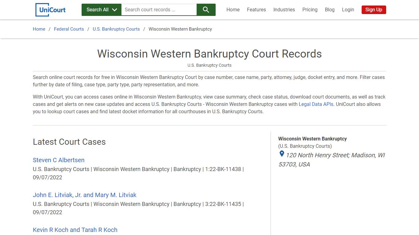 Wisconsin Western Bankruptcy Court Records | PACER Case Search | UniCourt